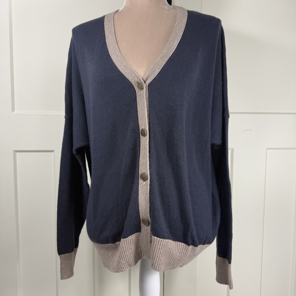 Women's XL Navy V-Neck Button‎ Down Cardigan Sweater Tan Trim Grandpacore Preppy